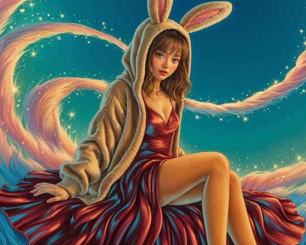 Young woman in hooded sweater against pastel background
