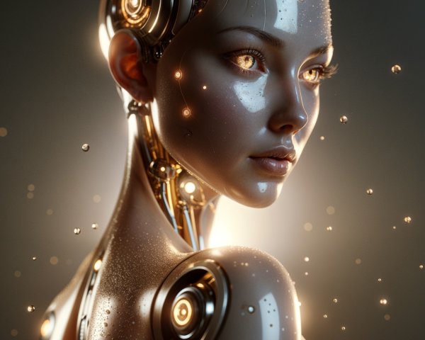 Futuristic humanoid robot with glowing circuits and gears