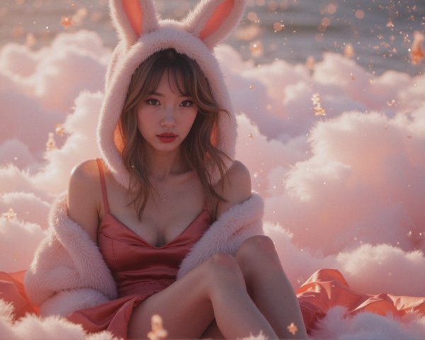 Young woman in bunny hoodie among pink clouds