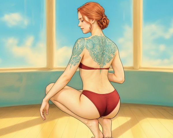Woman with Red Hair and Tattoos in Sunlit Room