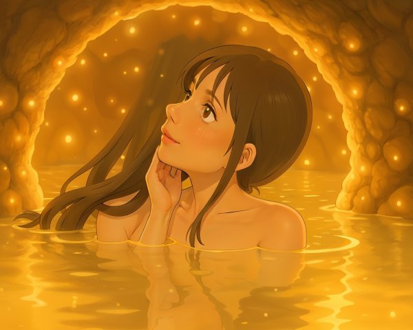 Young Woman in Serene Cave with Golden Lights