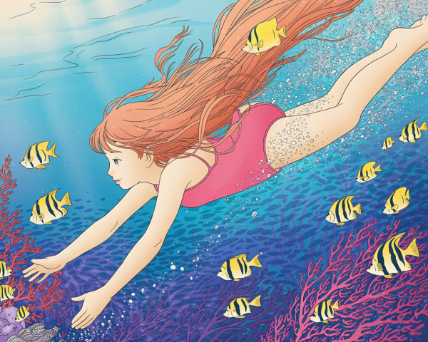 Young girl swimming in vibrant coral reef scene
