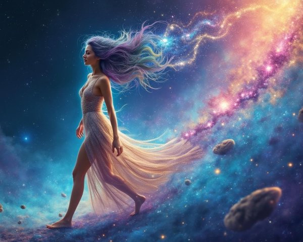 Ethereal Figure in Vibrant Cosmic Landscape