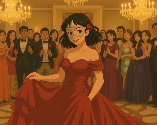Young Woman in Red Dress at Grand Ball Gathering