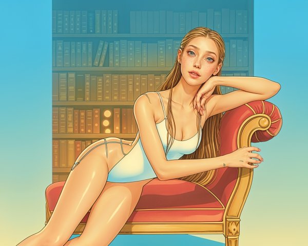 Stylized Young Woman in White Swimsuit on Red Chair