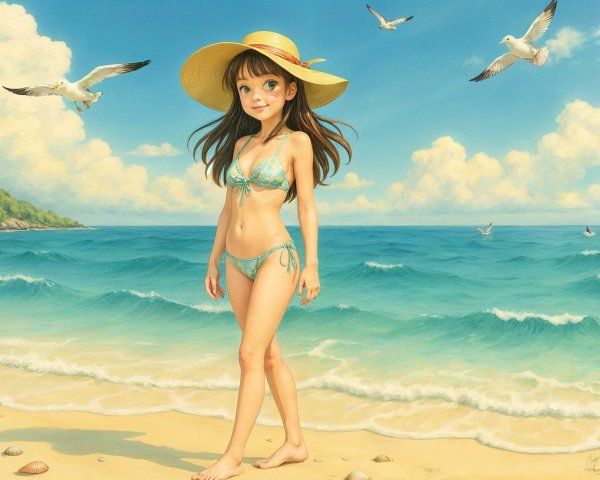 Young girl in blue bikini at sunlit beach scene