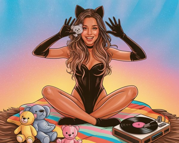 Playful Character in Cat Suit Surrounded by Toys