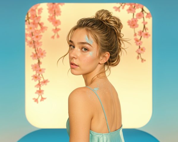 Young woman in blue dress with floral background