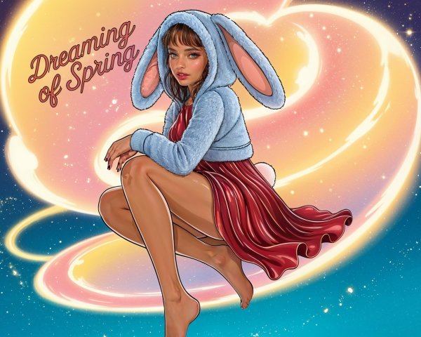 Whimsical Illustration of Girl in Bunny Hoodie and Dress