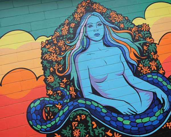 Mural of a Serene Figure with Flowers and Serpent