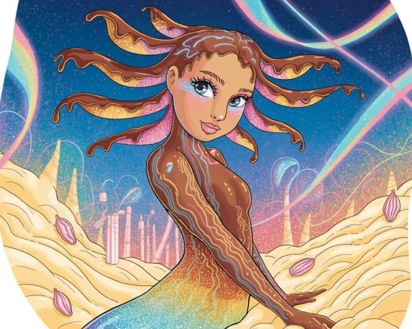 Whimsical Character with Chocolate Hair in Cosmic Scene