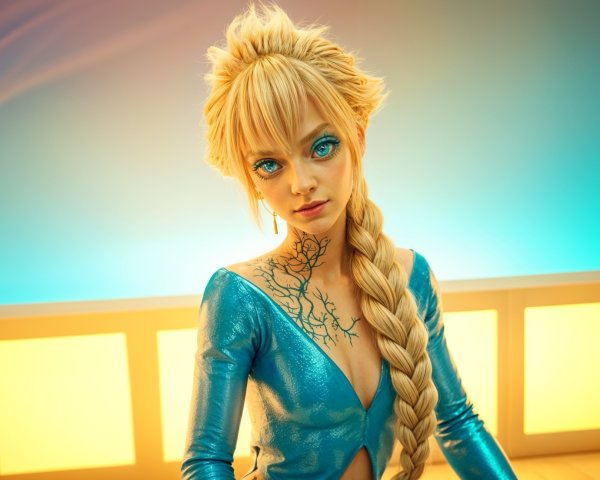 Character Description with Braided Blonde Hair and Tattoos