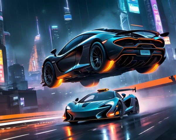 Futuristic Supercars in Neon-Lit Cityscape