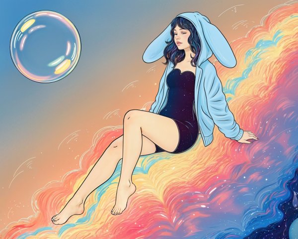 Whimsical Scene of Woman on Rainbow Cloud with Bubbles