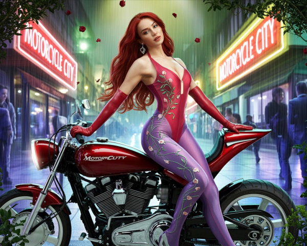 Confident Figure on Motorcycle in Vibrant Urban Setting