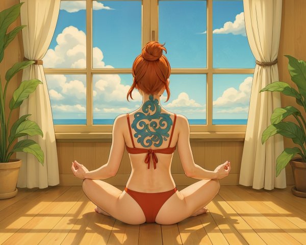 Woman in Bikini Meditating by Ocean View Window