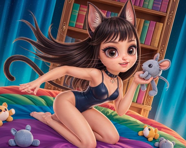 Whimsical Illustration of Girl with Cat Ears and Magic