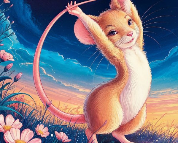 Charming Mouse Enjoys Sunset Surrounded by Flowers