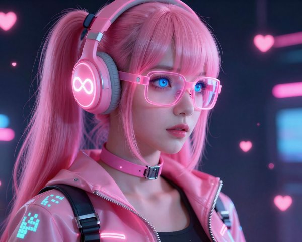 Low-angle shot of a woman in pink attire with headphones