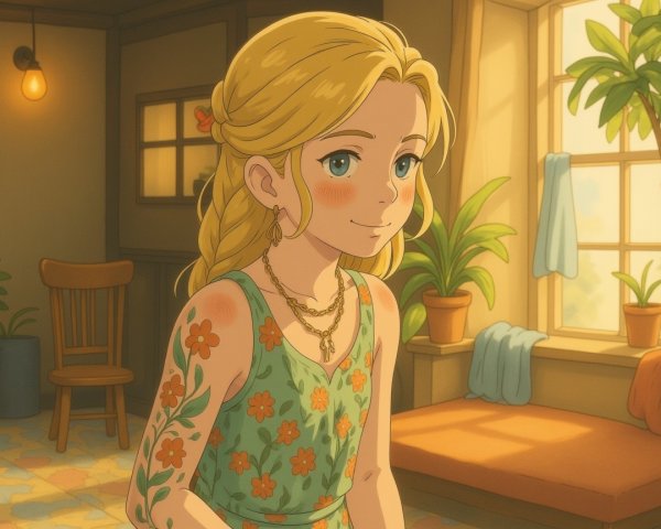 Cheerful girl in floral dress in cozy sunlit room