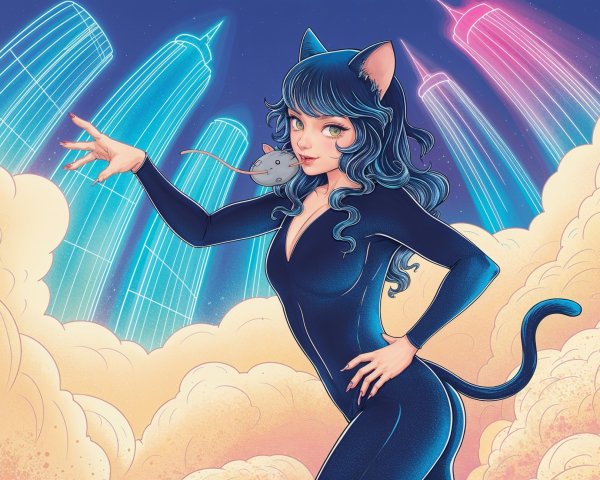 Whimsical Cat-Girl Character in Colorful Cityscape