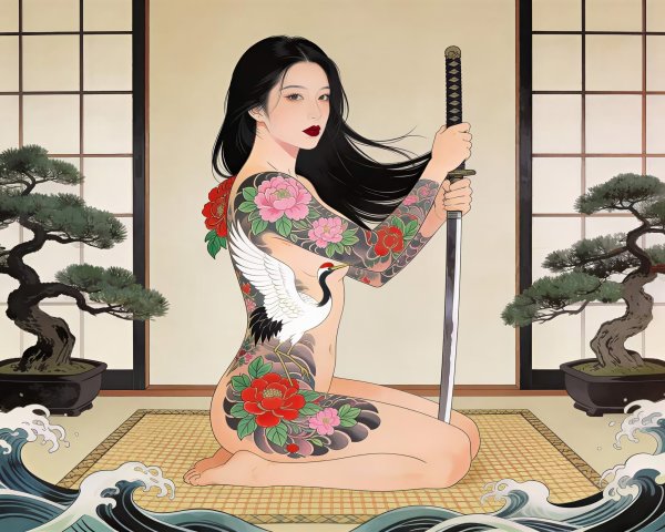 Tattooed Woman with Sword in Japanese Art Style