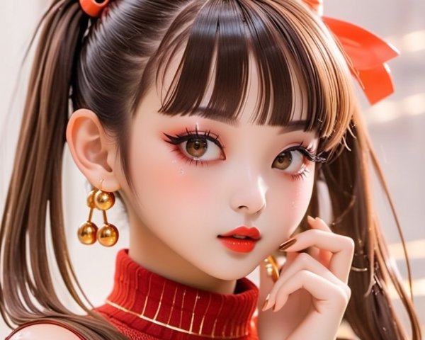 Young girl with striking features and red ribbons in hair