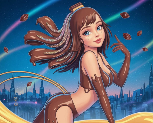 Whimsical Illustration of Girl with Chocolate Hair