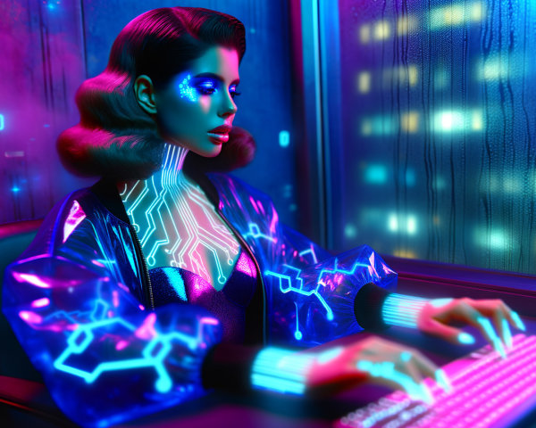 Futuristic woman with glowing circuitry in cyberpunk setting