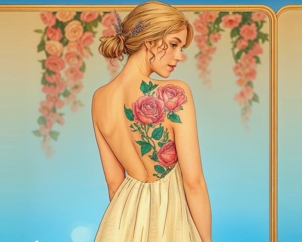 Elegant Woman with Rose Tattoo in Backless Gown