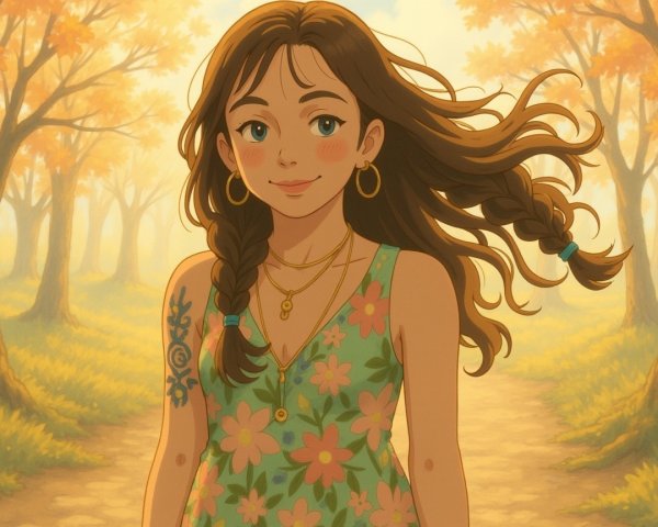 Young girl in floral dress on autumn path