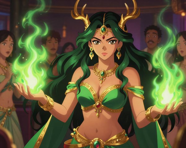 Dark-skinned woman with green hair and golden accessories