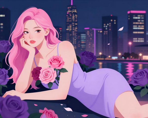 Young woman in purple dress among roses at night