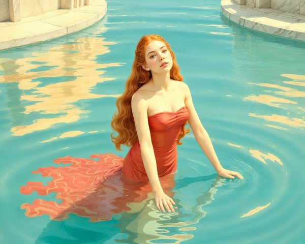 Young Woman in Coral Dress by Turquoise Pool