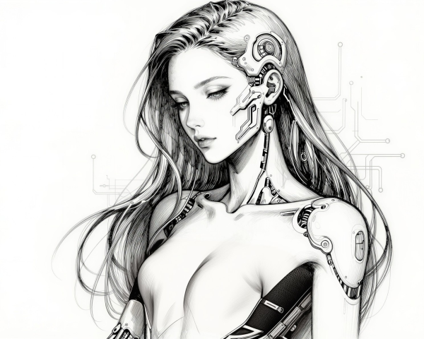 Black and White Line Art of Cybernetic Woman