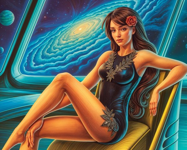 Serene Woman in Futuristic Cosmic Setting