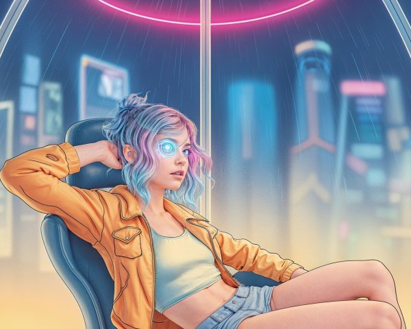Futuristic Scene with Young Woman in Neon Urban Setting
