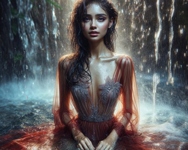 Young woman in elegant gown by serene waterfall