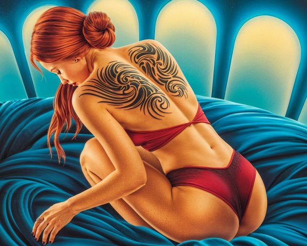Woman with Red Hair and Tribal Tattoos on Blue Surface