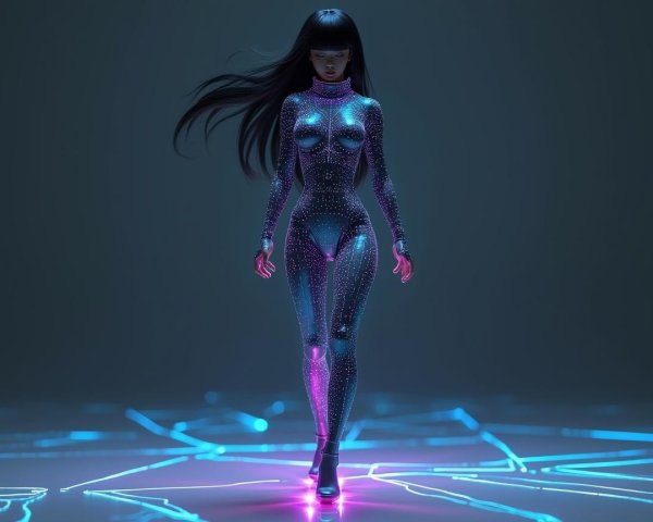 Futuristic Figure in Glimmering Bodysuit with Lights