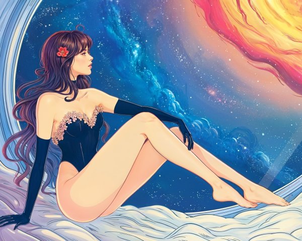 Serene Woman in Cosmic Backdrop Illustration