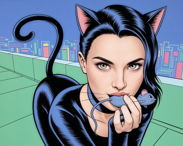 Stylized Illustration of Woman with Cat Ears and Mouse