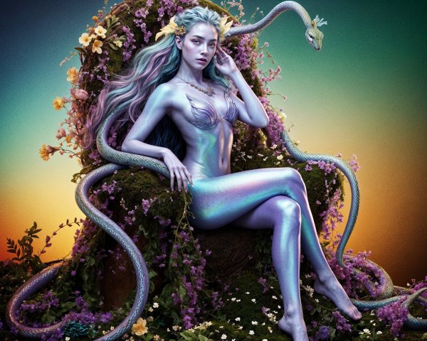 Mystical figure with iridescent skin in vibrant flora