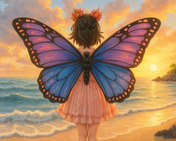 Young girl with butterfly wings at sunset shore