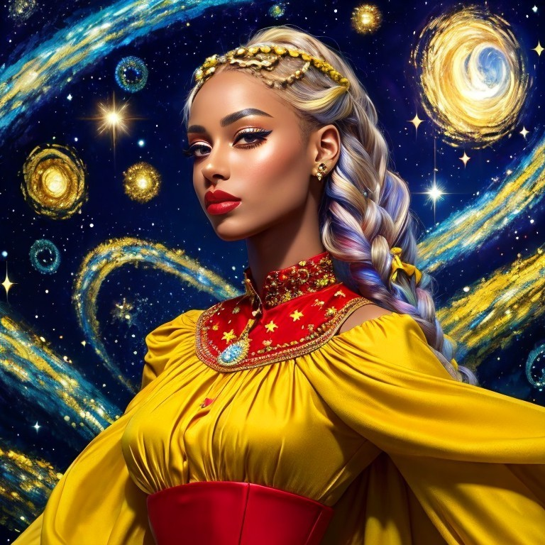 Woman in Traditional Outfit Against Cosmic Background