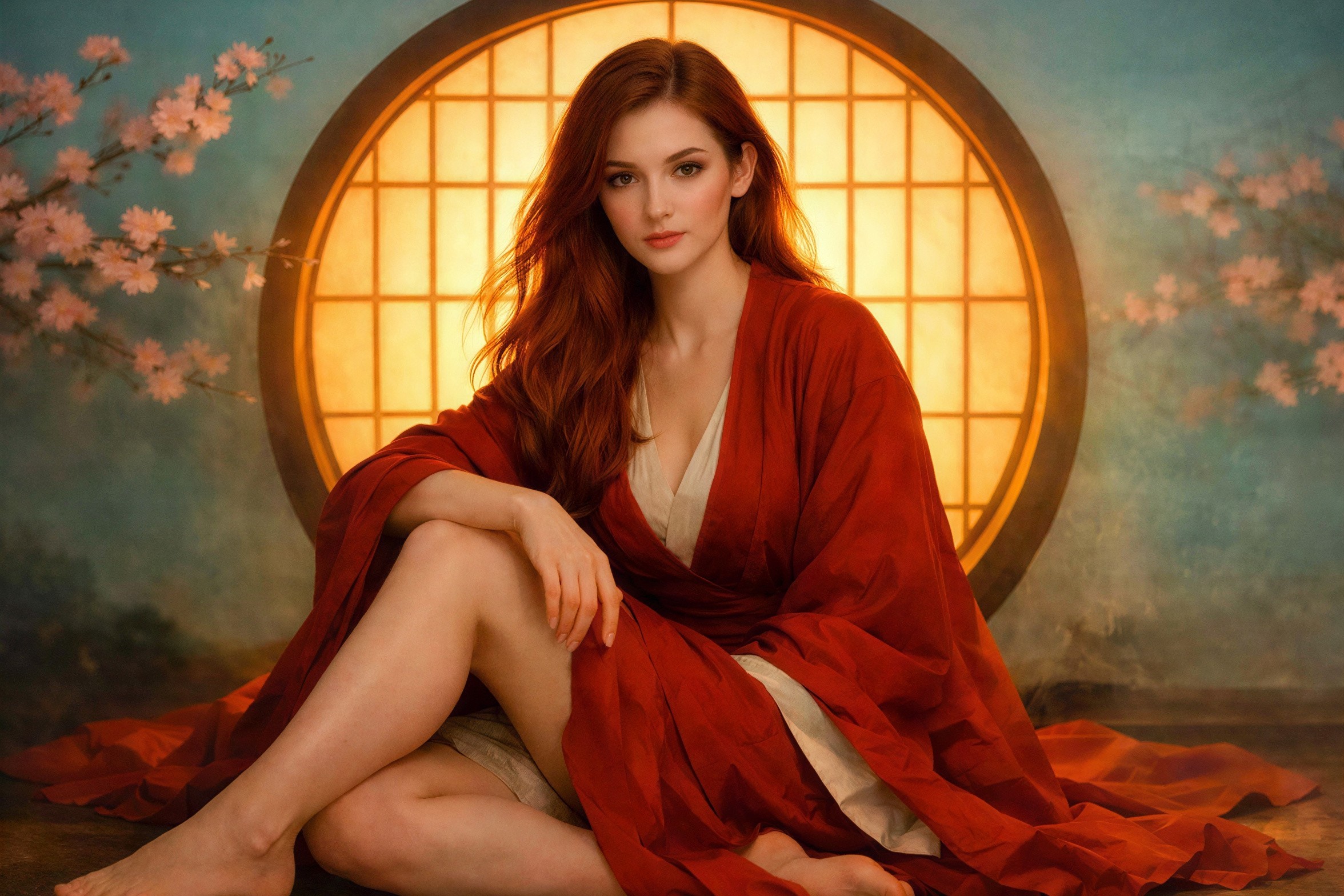 A woman in a red kimono seated by a shoji screen