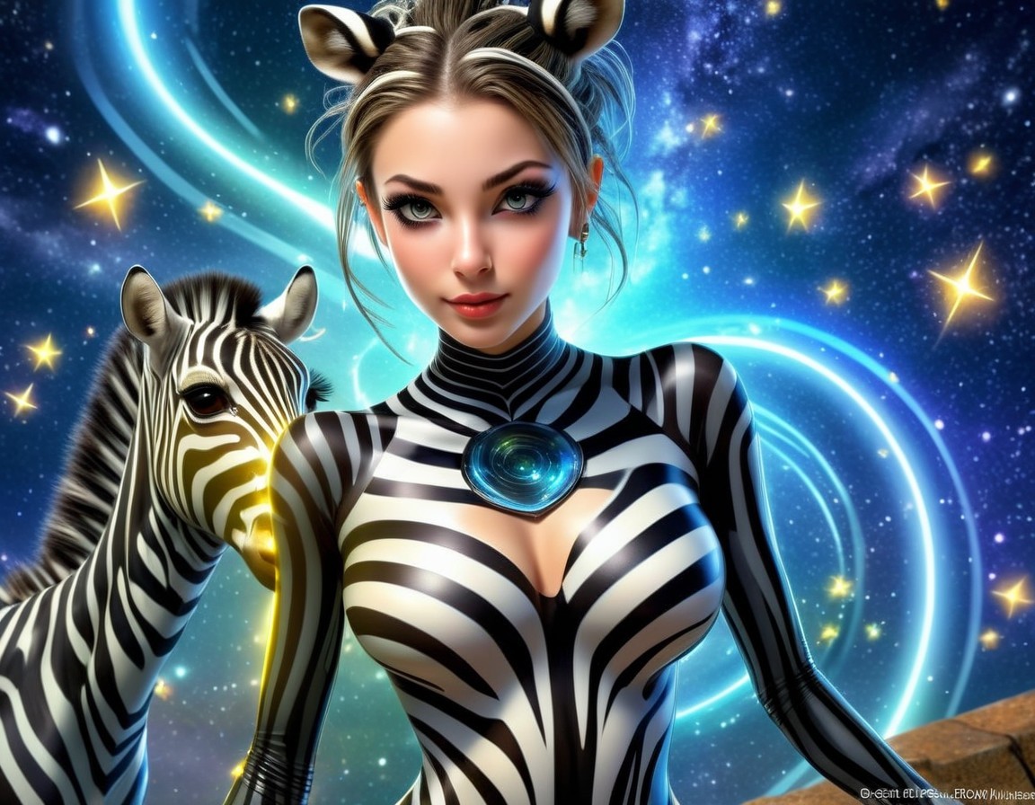 Character with Zebra Stripes Against Cosmic Background