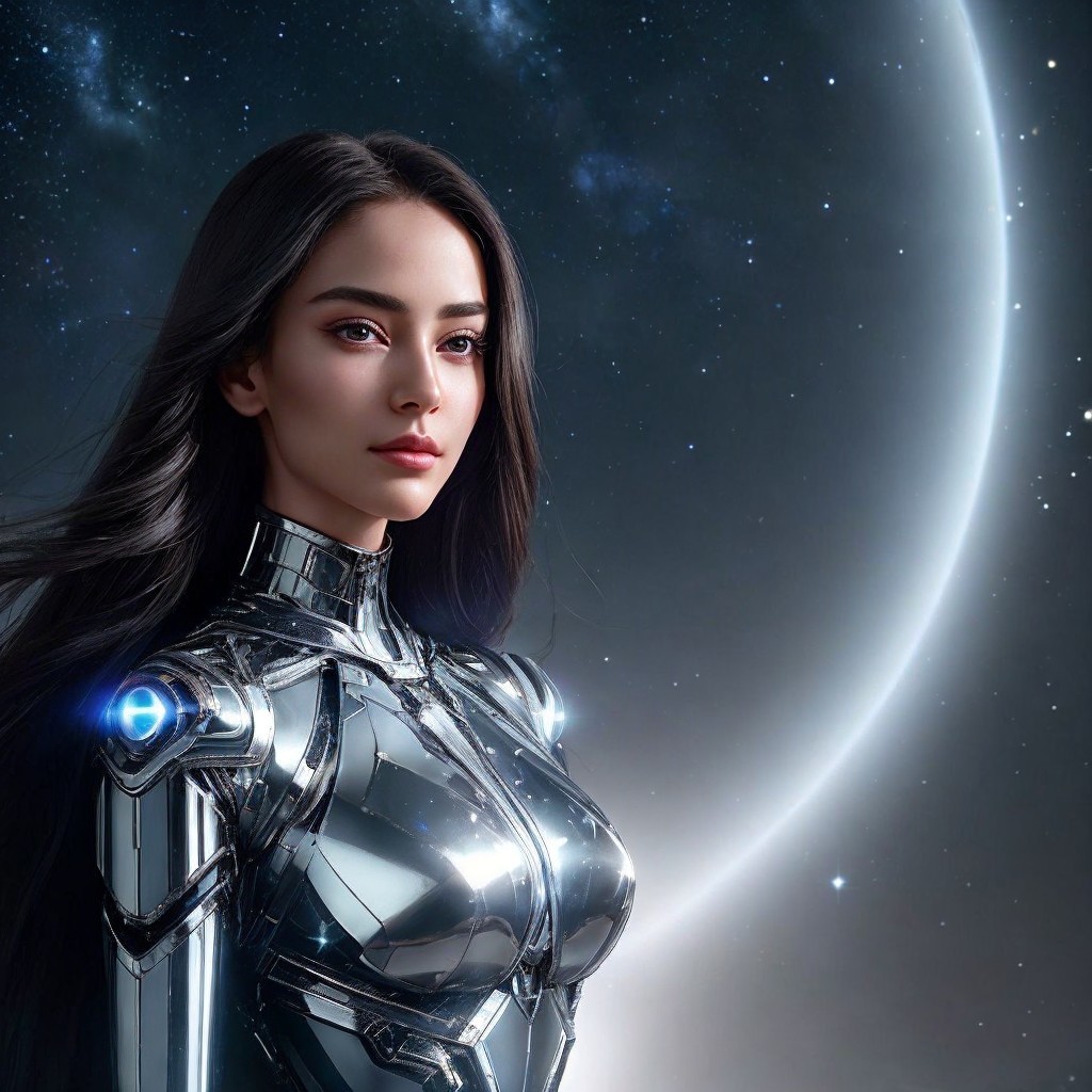 Futuristic Female Figure in Metallic Suit Against Cosmos