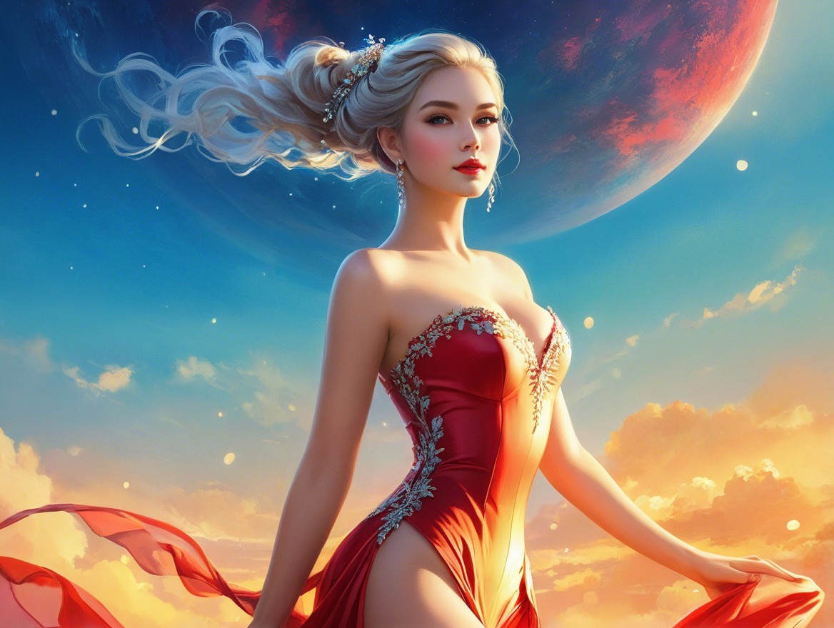 Elegant Figure in Red Gown Against Cosmic Background