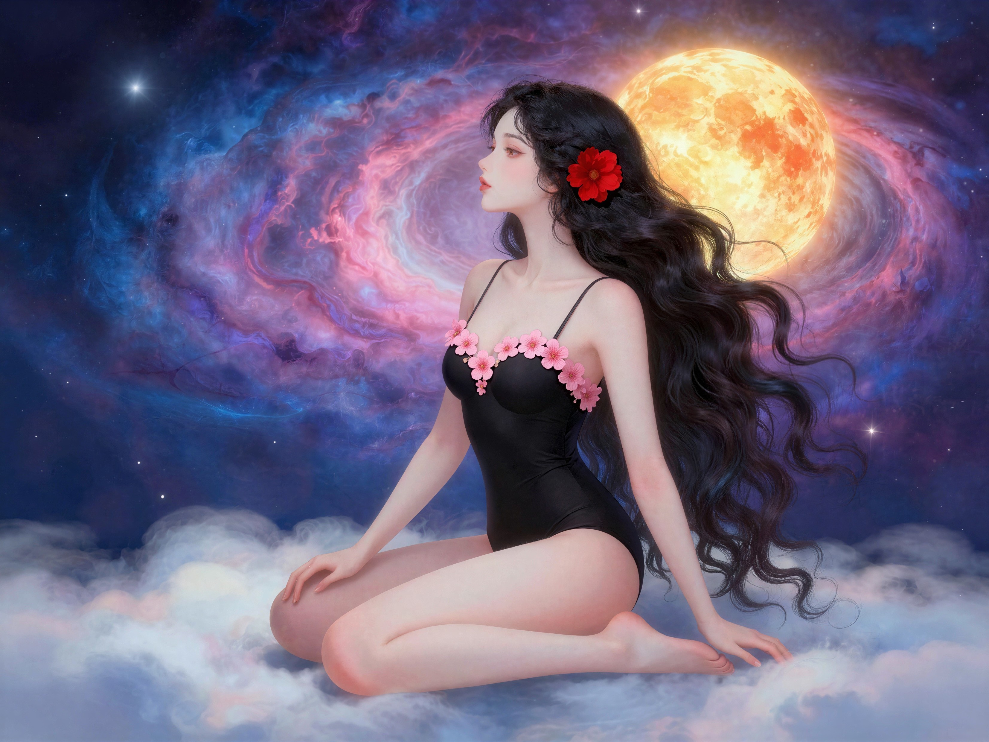 Fantasy goddess on cloud with nebula and full moon